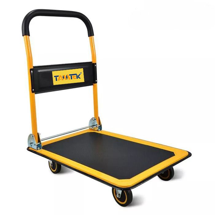 Tamtek Metal Platform Trolley Foldable 150 kg weight capacity with Rubber Handle, 4 Nylon Tyres, Heavy Material Trasport, Yellow